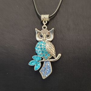 New! Bright Silver and Blue Color Sparkle Owl Pendant Necklace On Black Cord